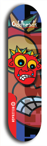 Skateboard deck: Limited edition, North American maple skateboard deck designed by underground artist BellyRash -- available in widths 7.5 to 8.5 inches in both mellow concave and steep concave shapes. Artwork: Oddheads brand popsicle-shaped skateboard deck with cartoon head on dark background. 