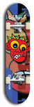 Skateboard deck: Limited edition, North American maple skateboard deck designed by underground artist BellyRash -- available in widths 7.5 to 8.5 inches in both mellow concave and steep concave shapes. Artwork: Oddheads brand popsicle-shaped skateboard deck with cartoon head on dark background. 