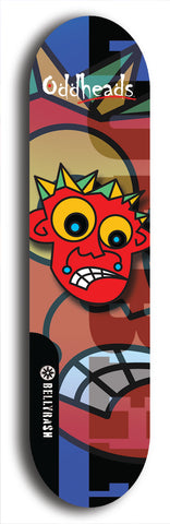 Skateboard deck: Limited edition, North American maple skateboard deck designed by underground artist BellyRash -- available in widths 7.5 to 8.5 inches in both mellow concave and steep concave shapes. Artwork: Oddheads brand popsicle-shaped skateboard deck with cartoon head on dark background. 