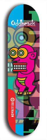 Skateboard deck: Limited edition, North American maple skateboard deck designed by underground artist BellyRash -- available in widths 7.5 to 8.5 inches in both mellow concave and steep concave shapes. Artwork: Oddheads brand popsicle-shaped skateboard deck with cartoon head on dark background. 