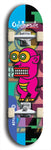 Skateboard deck: Limited edition, North American maple skateboard deck designed by underground artist BellyRash -- available in widths 7.5 to 8.5 inches in both mellow concave and steep concave shapes. Artwork: Oddheads brand popsicle-shaped skateboard deck with cartoon head on dark background. 