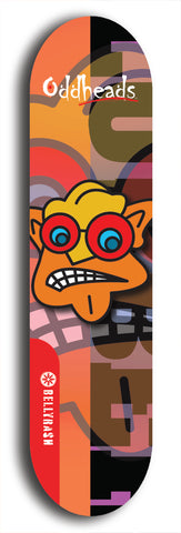 Skateboard deck: Limited edition, North American maple skateboard deck designed by underground artist BellyRash -- available in widths 7.5 to 8.5 inches in both mellow concave and steep concave shapes. Artwork: Oddheads brand popsicle-shaped skateboard deck with cartoon head on dark background. 