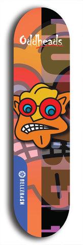 Skateboard deck: Limited edition, North American maple skateboard deck designed by underground artist BellyRash -- available in widths 7.5 to 8.5 inches in both mellow concave and steep concave shapes. Artwork: Oddheads brand popsicle-shaped skateboard deck with cartoon head on dark background. 