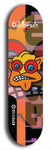 Skateboard deck: Limited edition, North American maple skateboard deck designed by underground artist BellyRash -- available in widths 7.5 to 8.5 inches in both mellow concave and steep concave shapes. Artwork: Oddheads brand popsicle-shaped skateboard deck with cartoon head on dark background. 