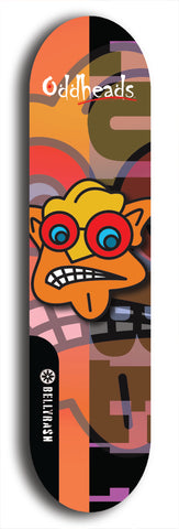 Skateboard deck: Limited edition, North American maple skateboard deck designed by underground artist BellyRash -- available in widths 7.5 to 8.5 inches in both mellow concave and steep concave shapes. Artwork: Oddheads brand popsicle-shaped skateboard deck with cartoon head on dark background. 