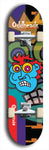 Skateboard deck: Limited edition, North American maple skateboard deck designed by underground artist BellyRash -- available in widths 7.5 to 8.5 inches in both mellow concave and steep concave shapes. Artwork: Oddheads brand popsicle-shaped skateboard deck with cartoon head on dark background. 