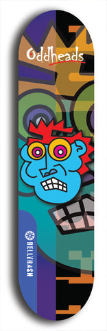 Skateboard deck: Limited edition, North American maple skateboard deck designed by underground artist BellyRash -- available in widths 7.5 to 8.5 inches in both mellow concave and steep concave shapes. Artwork: Oddheads brand popsicle-shaped skateboard deck with cartoon head on dark background. 