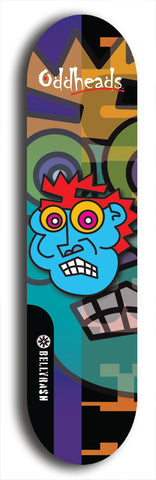 Skateboard deck: Limited edition, North American maple skateboard deck designed by underground artist BellyRash -- available in widths 7.5 to 8.5 inches in both mellow concave and steep concave shapes. Artwork: Oddheads brand popsicle-shaped skateboard deck with cartoon head on dark background. 