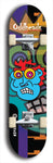 Skateboard deck: Limited edition, North American maple skateboard deck designed by underground artist BellyRash -- available in widths 7.5 to 8.5 inches in both mellow concave and steep concave shapes. Artwork: Oddheads brand popsicle-shaped skateboard deck with cartoon head on dark background. 