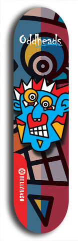 Skateboard deck: Limited edition, North American maple skateboard deck designed by underground artist BellyRash -- available in widths 7.5 to 8.5 inches in both mellow concave and steep concave shapes. Artwork: Oddheads brand popsicle-shaped skateboard deck with cartoon head on dark background. 