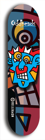 Skateboard deck: Limited edition, North American maple skateboard deck designed by underground artist BellyRash -- available in widths 7.5 to 8.5 inches in both mellow concave and steep concave shapes. Artwork: Oddheads brand popsicle-shaped skateboard deck with cartoon head on dark background. 