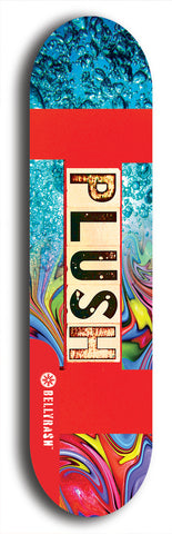 Skateboard deck: Limited edition, North American maple skateboard deck designed by underground artist BellyRash - available widths 7.5 to 8.5 inches in both mellow concave and steep concave shapes. Artwork: PLUSH logo brand popsicle-shaped deck