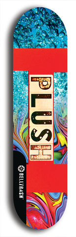 Skateboard deck: Limited edition, North American maple skateboard deck designed by underground artist BellyRash - available widths 7.5 to 8.5 inches in both mellow concave and steep concave shapes. Artwork: PLUSH logo brand popsicle-shaped deck