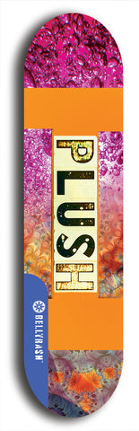 Skateboard deck: Limited edition, North American maple skateboard deck designed by underground artist BellyRash - available widths 7.5 to 8.5 inches in both mellow concave and steep concave shapes. Artwork: PLUSH logo brand popsicle-shaped deck