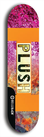 Skateboard deck: Limited edition, North American maple skateboard deck designed by underground artist BellyRash - available widths 7.5 to 8.5 inches in both mellow concave and steep concave shapes. Artwork: PLUSH logo brand popsicle-shaped deck