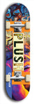 Skateboard deck: Limited edition, North American maple skateboard deck designed by underground artist BellyRash - available widths 7.5 to 8.5 inches in both mellow concave and steep concave shapes. Artwork: PLUSH logo brand popsicle-shaped deck