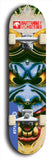 Skateboard deck: Limited edition, North American maple skateboard deck designed by underground artist BellyRash -- available in widths 7.5 to 8.5 inches in both mellow concave and steep concave shapes. Artwork: BUTTUGLY MONSTERS brand popsicle-shaped skateboard deck with monster in background. 