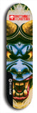 Skateboard deck: Limited edition, North American maple skateboard deck designed by underground artist BellyRash -- available in widths 7.5 to 8.5 inches in both mellow concave and steep concave shapes. Artwork: BUTTUGLY MONSTERS brand popsicle-shaped skateboard deck with monster in background. 