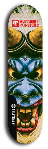 Skateboard deck: Limited edition, North American maple skateboard deck designed by underground artist BellyRash -- available in widths 7.5 to 8.5 inches in both mellow concave and steep concave shapes. Artwork: BUTTUGLY MONSTERS brand popsicle-shaped skateboard deck with monster in background. 