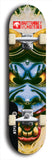 Skateboard deck: Limited edition, North American maple skateboard deck designed by underground artist BellyRash -- available in widths 7.5 to 8.5 inches in both mellow concave and steep concave shapes. Artwork: BUTTUGLY MONSTERS brand popsicle-shaped skateboard deck with monster in background. 