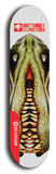 Skateboard deck: Limited edition, North American maple skateboard deck designed by underground artist BellyRash -- available in widths 7.5 to 8.5 inches in both mellow concave and steep concave shapes. Artwork: BUTTUGLY MONSTERS brand popsicle-shaped skateboard deck with monster in background. 