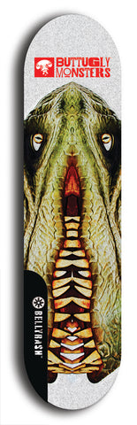 Skateboard deck: Limited edition, North American maple skateboard deck designed by underground artist BellyRash -- available in widths 7.5 to 8.5 inches in both mellow concave and steep concave shapes. Artwork: BUTTUGLY MONSTERS brand popsicle-shaped skateboard deck with monster in background. 