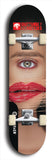 Skateboard deck: Limited edition, North American maple skateboard deck designed by underground artist BellyRash -- available in widths 7.5 to 8.5 inches in both mellow concave and steep concave shapes. Artwork: BUTTUGLY MONSTERS brand popsicle-shaped skateboard deck with monster in background. 