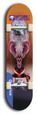 Skateboard deck: Limited edition, North American maple skateboard deck designed by underground artist BellyRash -- available in widths 7.5 to 8.5 inches in both mellow concave and steep concave shapes. Artwork: BUTTUGLY MONSTERS brand popsicle-shaped skateboard deck with monster in background. 