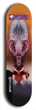 Skateboard deck: Limited edition, North American maple skateboard deck designed by underground artist BellyRash -- available in widths 7.5 to 8.5 inches in both mellow concave and steep concave shapes. Artwork: BUTTUGLY MONSTERS brand popsicle-shaped skateboard deck with monster in background. 