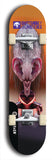 Skateboard deck: Limited edition, North American maple skateboard deck designed by underground artist BellyRash -- available in widths 7.5 to 8.5 inches in both mellow concave and steep concave shapes. Artwork: BUTTUGLY MONSTERS brand popsicle-shaped skateboard deck with monster in background. 