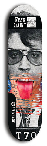 Skateboard deck: Limited edition, North American maple skateboard deck designed by underground artist BellyRash - available widths 7.5 to 8.5 inches in both mellow concave and steep concave shapes. Artwork: DEAD SAINT logo brand popsicle-shaped deck 