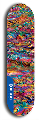 Skateboard deck: Limited edition, North American maple skateboard deck designed by underground artist BellyRash - available widths 7.5 to 8.5 inches in both mellow concave and steep concave shapes. Artwork: ABEX LIQUID brand popsicle-shaped with a multi-colored swirling patterned background