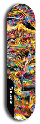 Skateboard deck: Limited edition, North American maple skateboard deck designed by underground artist BellyRash - available widths 7.5 to 8.5 inches in both mellow concave and steep concave shapes. Artwork: ABEX LIQUID brand popsicle-shaped with a multi-colored swirling patterned background