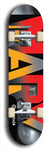 Skateboard deck: Limited edition, North American maple skateboard deck designed by underground artist BellyRash -- available in widths 7.5 to 8.5 inches in both mellow concave and steep concave shapes. Artwork: MARY brand popsicle-shaped skateboard deck with MARY logo broken into multiple colors and shades