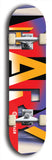 Skateboard deck: Limited edition, North American maple skateboard deck designed by underground artist BellyRash -- available in widths 7.5 to 8.5 inches in both mellow concave and steep concave shapes. Artwork: MARY brand popsicle-shaped skateboard deck with MARY logo broken into multiple colors and shades