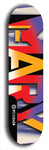 Skateboard deck: Limited edition, North American maple skateboard deck designed by underground artist BellyRash -- available in widths 7.5 to 8.5 inches in both mellow concave and steep concave shapes. Artwork: MARY brand popsicle-shaped skateboard deck with MARY logo broken into multiple colors and shades