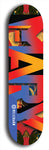 Skateboard deck: Limited edition, North American maple skateboard deck designed by underground artist BellyRash -- available in widths 7.5 to 8.5 inches in both mellow concave and steep concave shapes. Artwork: MARY brand popsicle-shaped skateboard deck with MARY logo broken into multiple colors and shades