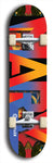 Skateboard deck: Limited edition, North American maple skateboard deck designed by underground artist BellyRash -- available in widths 7.5 to 8.5 inches in both mellow concave and steep concave shapes. Artwork: MARY brand popsicle-shaped skateboard deck with MARY logo broken into multiple colors and shades