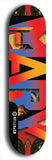 Skateboard deck: Limited edition, North American maple skateboard deck designed by underground artist BellyRash -- available in widths 7.5 to 8.5 inches in both mellow concave and steep concave shapes. Artwork: MARY brand popsicle-shaped skateboard deck with MARY logo broken into multiple colors and shades