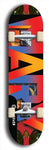 Skateboard deck: Limited edition, North American maple skateboard deck designed by underground artist BellyRash -- available in widths 7.5 to 8.5 inches in both mellow concave and steep concave shapes. Artwork: MARY brand popsicle-shaped skateboard deck with MARY logo broken into multiple colors and shades