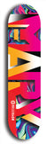 Skateboard deck: Limited edition, North American maple skateboard deck designed by underground artist BellyRash -- available in widths 7.5 to 8.5 inches in both mellow concave and steep concave shapes. Artwork: MARY brand popsicle-shaped skateboard deck with MARY logo broken into multiple colors and shades