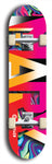 Skateboard deck: Limited edition, North American maple skateboard deck designed by underground artist BellyRash -- available in widths 7.5 to 8.5 inches in both mellow concave and steep concave shapes. Artwork: MARY brand popsicle-shaped skateboard deck with MARY logo broken into multiple colors and shades