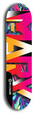 Skateboard deck: Limited edition, North American maple skateboard deck designed by underground artist BellyRash -- available in widths 7.5 to 8.5 inches in both mellow concave and steep concave shapes. Artwork: MARY brand popsicle-shaped skateboard deck with MARY logo broken into multiple colors and shades