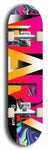 Skateboard deck: Limited edition, North American maple skateboard deck designed by underground artist BellyRash -- available in widths 7.5 to 8.5 inches in both mellow concave and steep concave shapes. Artwork: MARY brand popsicle-shaped skateboard deck with MARY logo broken into multiple colors and shades