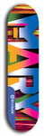 Skateboard deck: Limited edition, North American maple skateboard deck designed by underground artist BellyRash -- available in widths 7.5 to 8.5 inches in both mellow concave and steep concave shapes. Artwork: MARY brand popsicle-shaped skateboard deck with MARY logo broken into multiple colors and shades