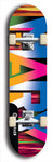 Skateboard deck: Limited edition, North American maple skateboard deck designed by underground artist BellyRash -- available in widths 7.5 to 8.5 inches in both mellow concave and steep concave shapes. Artwork: MARY brand popsicle-shaped skateboard deck with MARY logo broken into multiple colors and shades