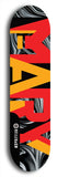 Skateboard deck: Limited edition, North American maple skateboard deck designed by underground artist BellyRash -- available in widths 7.5 to 8.5 inches in both mellow concave and steep concave shapes. Artwork: MARY brand popsicle-shaped skateboard deck with MARY logo broken into multiple colors and shades