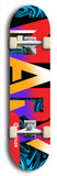 Skateboard deck: Limited edition, North American maple skateboard deck designed by underground artist BellyRash -- available in widths 7.5 to 8.5 inches in both mellow concave and steep concave shapes. Artwork: MARY brand popsicle-shaped skateboard deck with MARY logo broken into multiple colors and shades