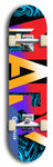 Skateboard deck: Limited edition, North American maple skateboard deck designed by underground artist BellyRash -- available in widths 7.5 to 8.5 inches in both mellow concave and steep concave shapes. Artwork: MARY brand popsicle-shaped skateboard deck with MARY logo broken into multiple colors and shades