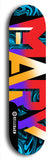 Skateboard deck: Limited edition, North American maple skateboard deck designed by underground artist BellyRash -- available in widths 7.5 to 8.5 inches in both mellow concave and steep concave shapes. Artwork: MARY brand popsicle-shaped skateboard deck with MARY logo broken into multiple colors and shades